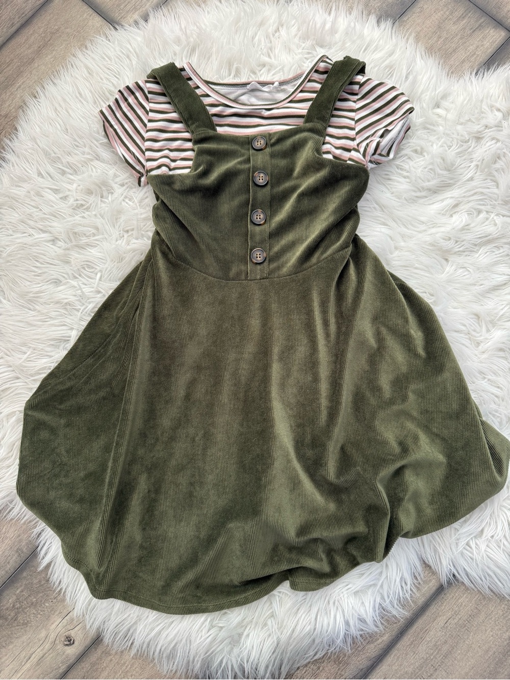 Girls Olive Green Velvet Pinafore Dress with Striped Tee